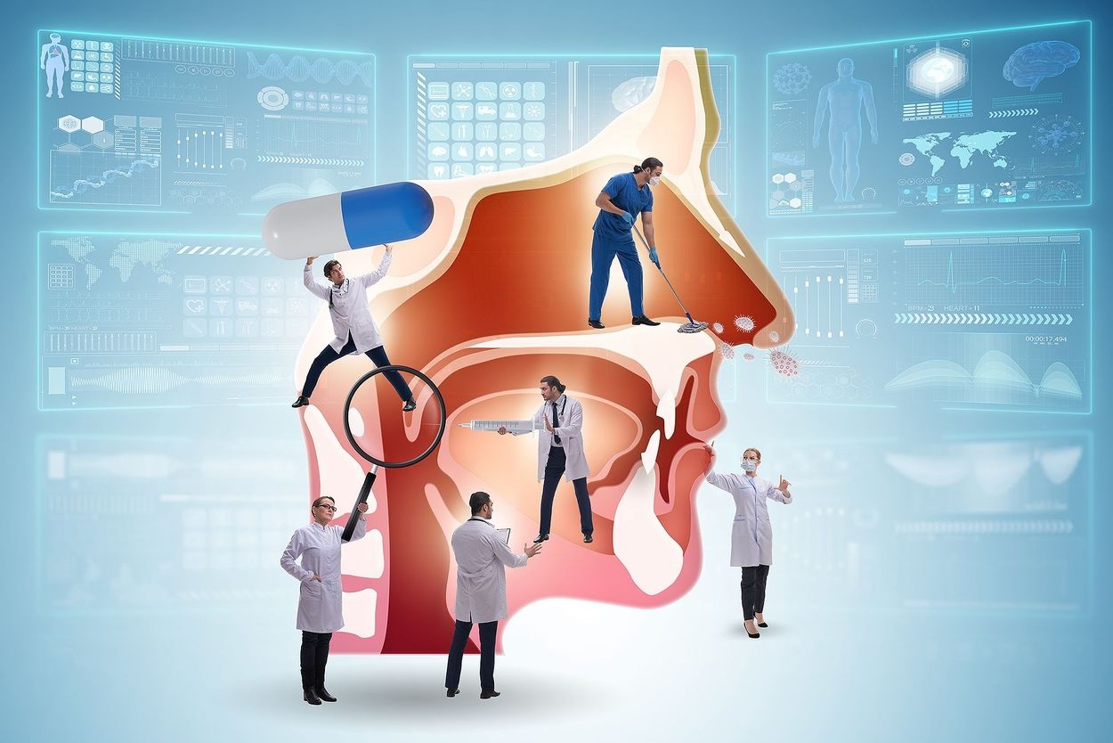Illustration of a nose cross section with doctors simulating treatments against a futuristic medical background.